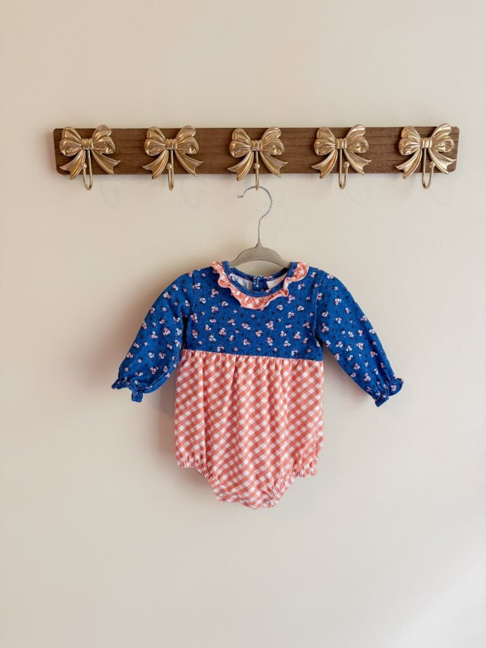 Stitchy Fish Girls Size 6 Months Floral Gingham Romper Long Sleeve